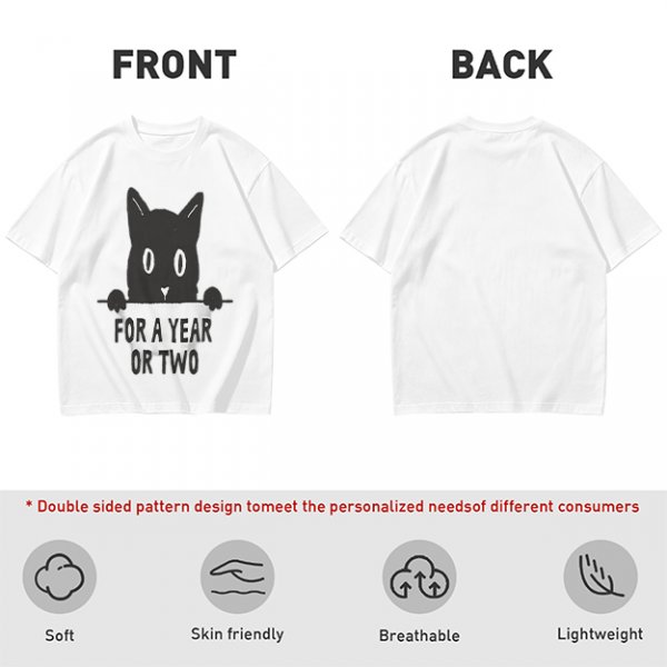 Olive graphic t-shirt with black cat holding 'for a year or two' text