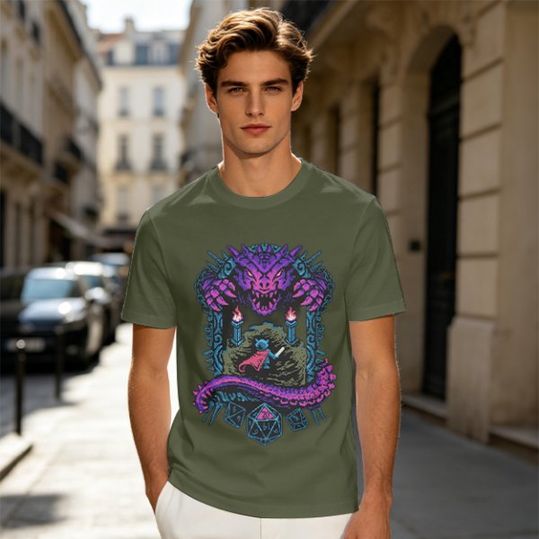 Dungeon Dragon and Warrior Graphic T-Shirt for Fantasy Game Fans