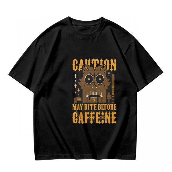 Olive Graphic T-Shirt With 'Caution May Bite Before Caffeine' Angry Cat Print