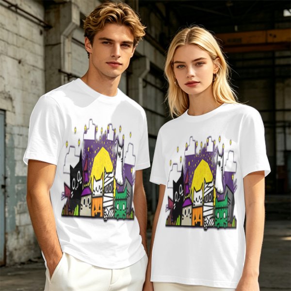 Olive T-Shirt With Halloween Themed Cute Cat Characters Print