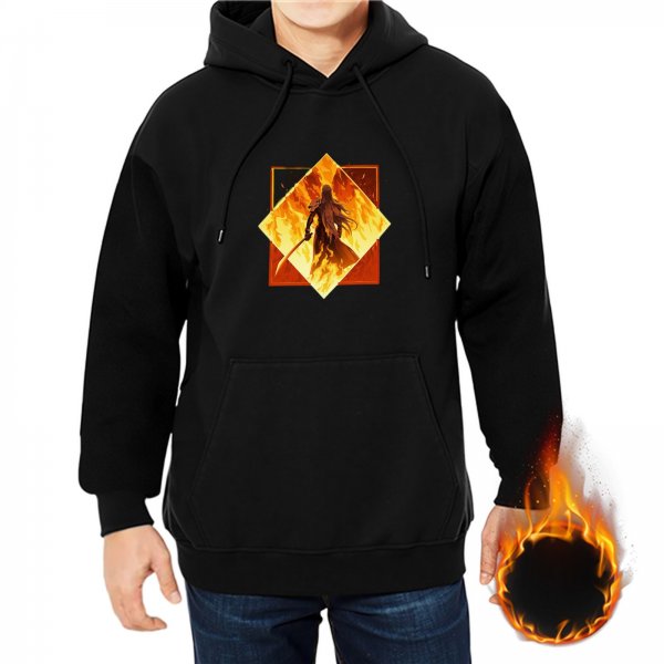 Black Hoodie With Fiery Warrior Silhouette Graphic