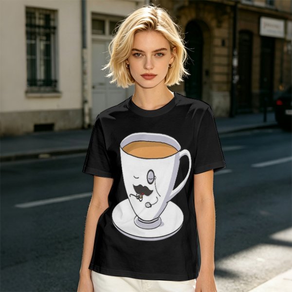 Olive Green T-Shirt With Dapper Cartoon Teacup Graphic