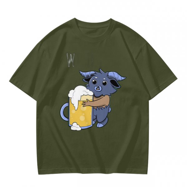 Olive T-Shirt With Cute Blue Goat Holding Foamy Beer Mug Print