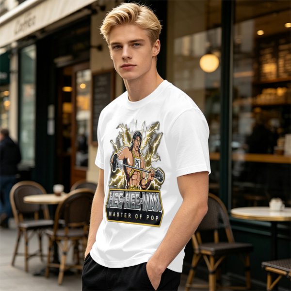 Olive T-shirt with Hee-Hee-Man Master of Pop Lifting Barbell Graphic