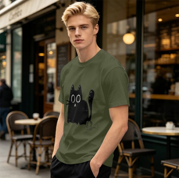 Oversized Army Green T-Shirt With Surprised Black Cat Graphic