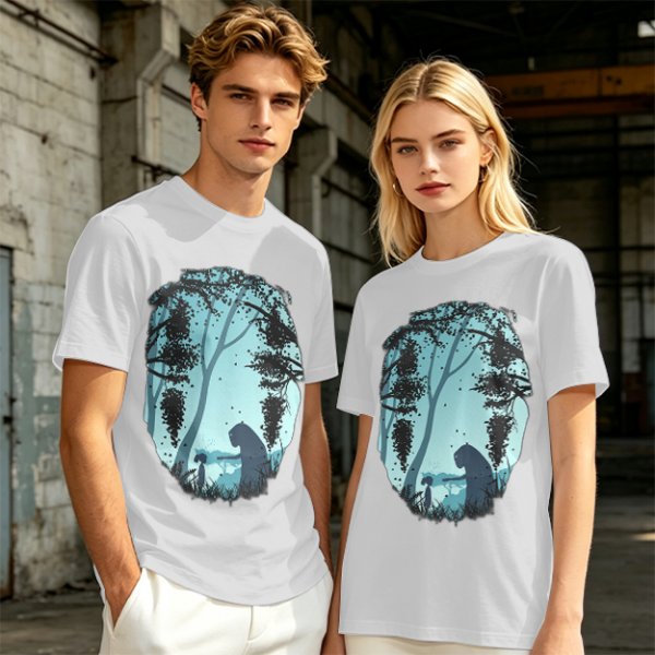 Olive T-Shirt With Silhouetted Forest Scene And Two Figures