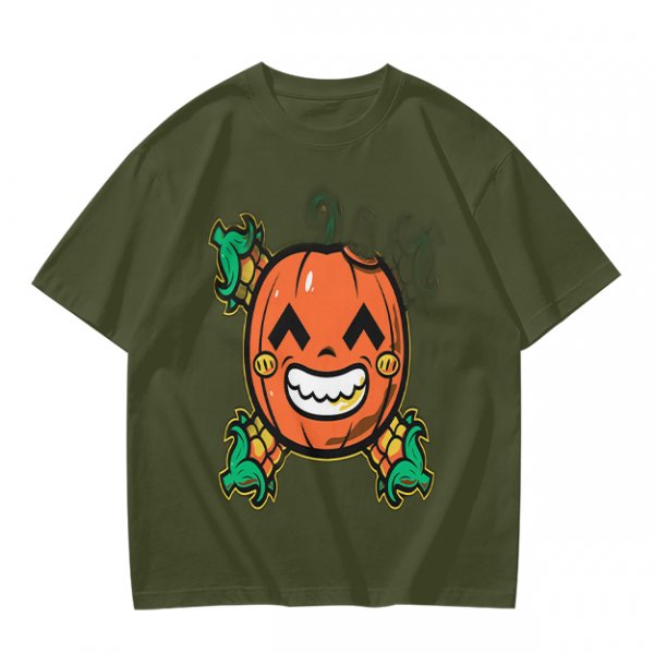 Olive T-Shirt with Smiling Pumpkin Corn Crossbones Graphic
