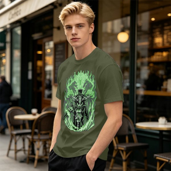 Olive T-Shirt With Skeleton Gentleman And Green Flames Art
