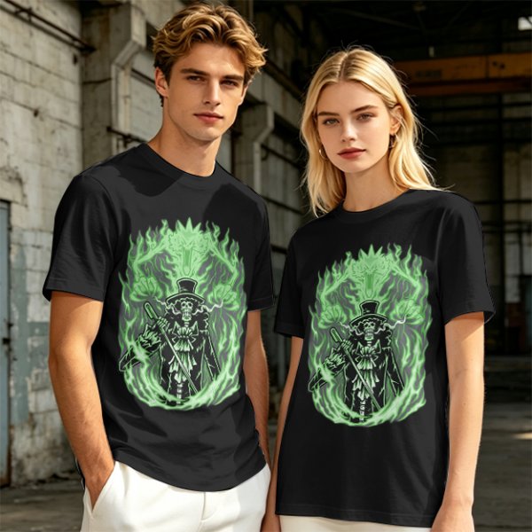 Olive T-Shirt With Skeleton Gentleman And Green Flames Art