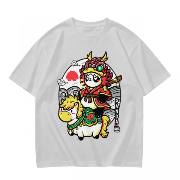 Olive T-shirt with Panda Warrior Riding Mythical Horse Graphic