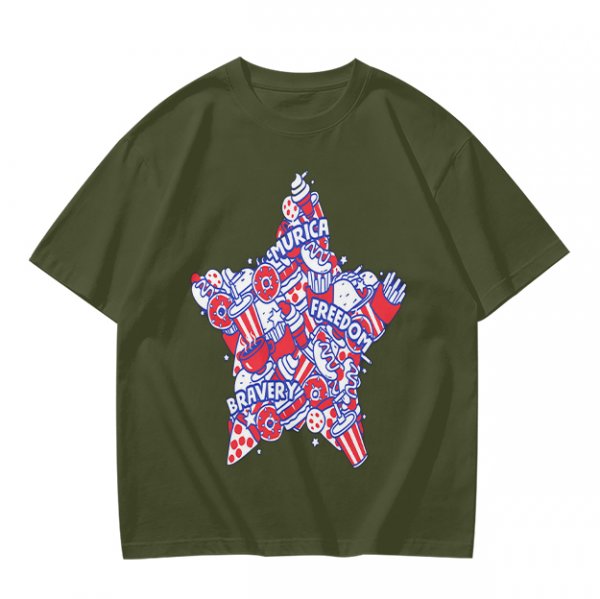 Olive T-Shirt With Patriotic Star Fast Food Print