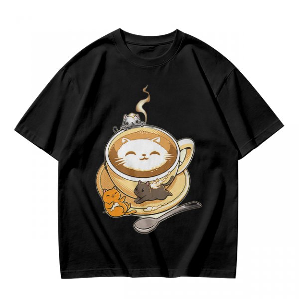 Olive Green T-Shirt With Cute Cat Latte Art And Kittens Print