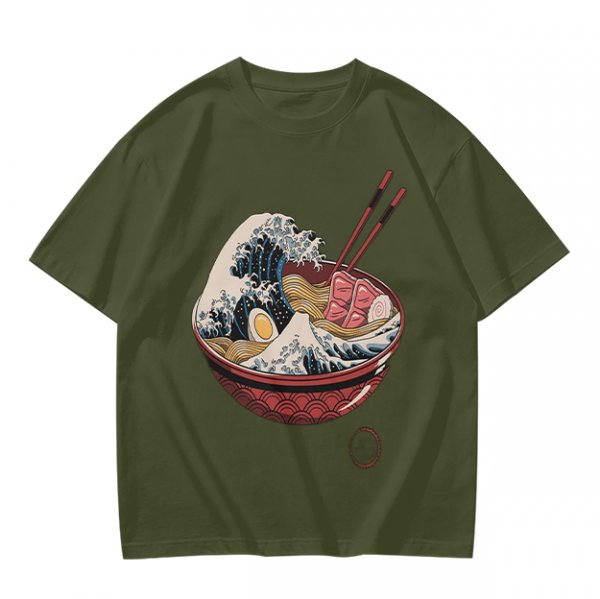 Olive T-Shirt Featuring The Great Wave Off Kanagawa Ramen Bowl Art