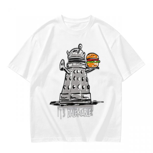 Olive t-shirt with Dalek holding burger and 'It's Dalektable' print
