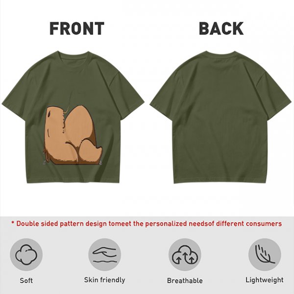 Olive Green T-Shirt With Capybara Rear View Graphic