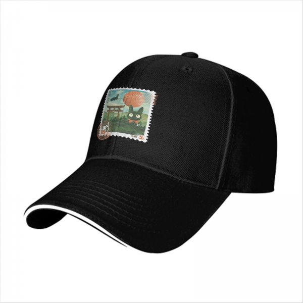 Black Baseball Cap with Anime Stamp Print Design