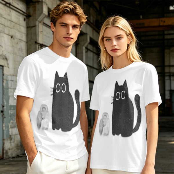 Oversized Olive T-Shirt With Cute Black Cat Graphic Print