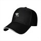 Black baseball cap with sad cartoon vampire holding blood bag print