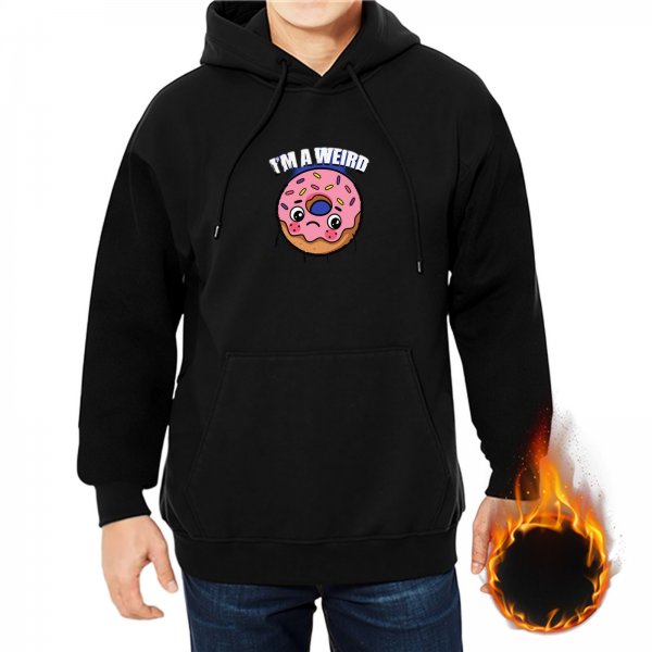 Black hoodie with sad donut graphic and 'I'M A WEIRD' text