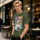 Olive green t-shirt with ramen monster anime graphic print