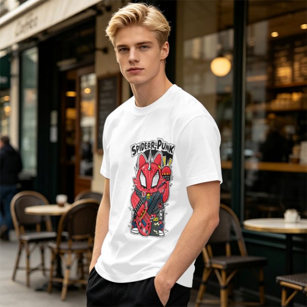 Olive T-shirt with Spider-Punk Cat Playing Guitar Graphic