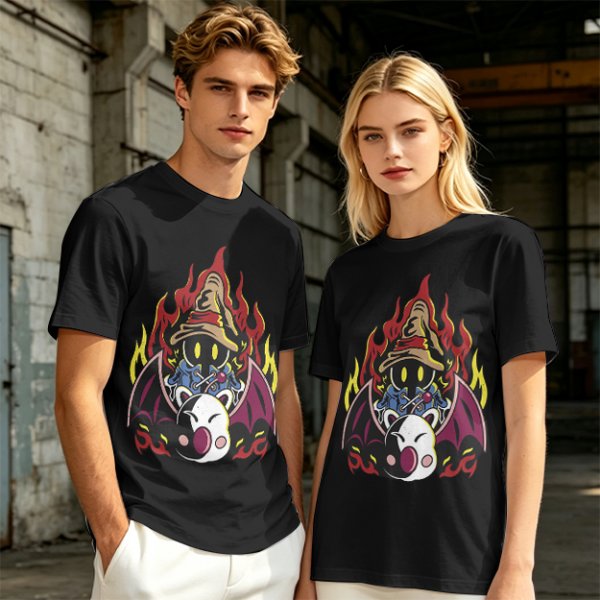 Olive T-shirt with Final Fantasy Vivi and Moogle Fire Artwork