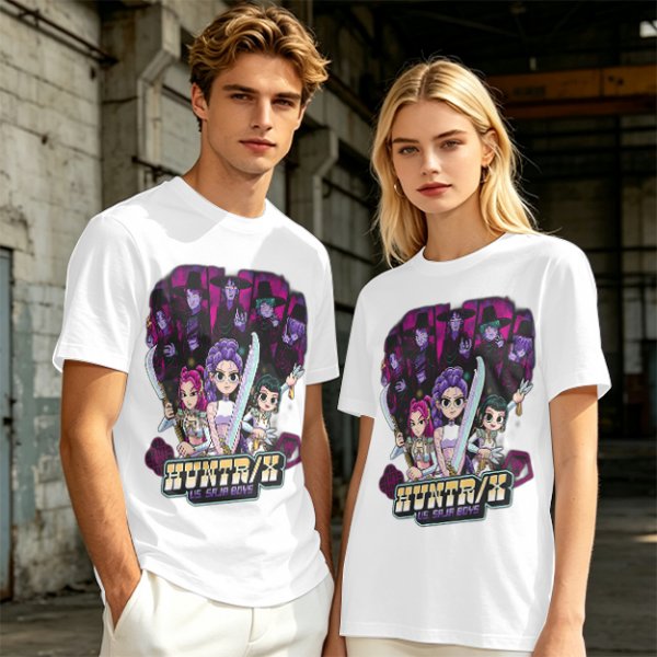 Olive Graphic Tee with Anime Hunter Characters and Huntr/X Text