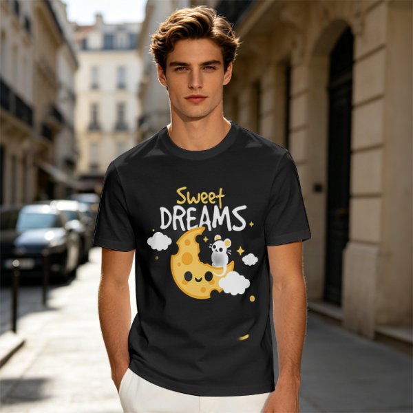 Olive t-shirt with sweet dreams cheese moon and mouse graphic