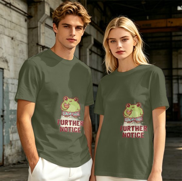 Olive T-Shirt with Cute Frog Graphic and Further Notice Text