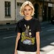 Olive T-shirt with fantasy characters balancing on a log over a stream