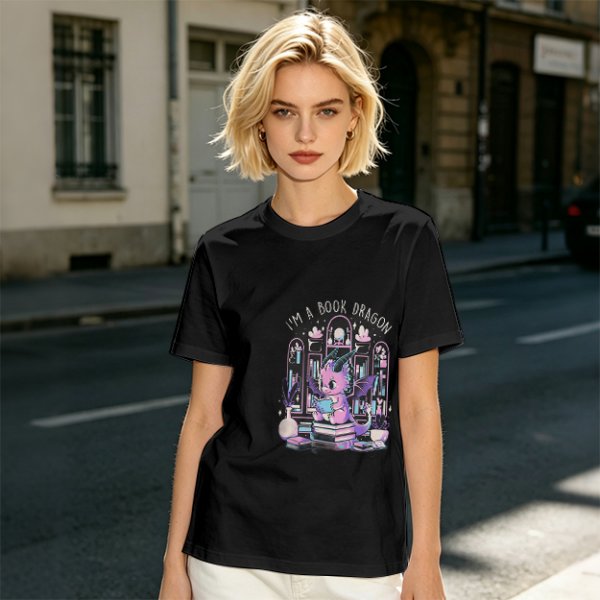 Olive t-shirt with cute book dragon reading design