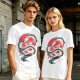 Olive T-shirt with stylized white dragon and red circular graphic print
