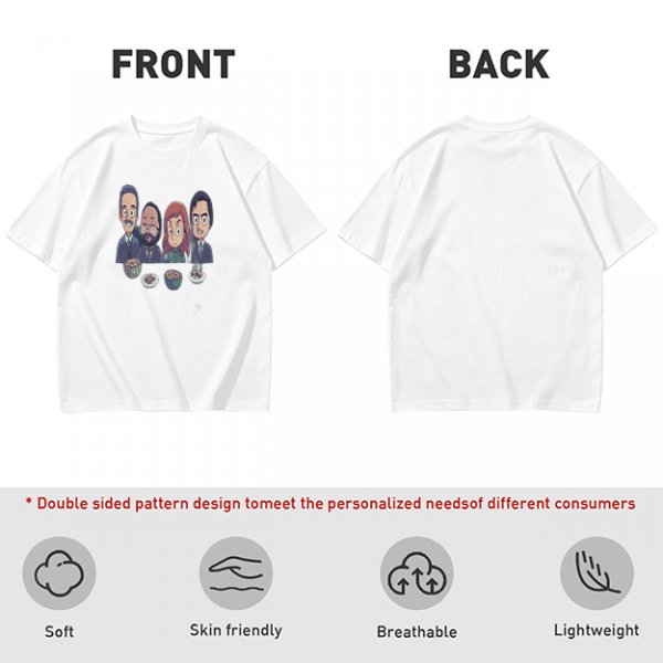 Olive T-shirt with Cartoon Group of Four People and Bowls Print