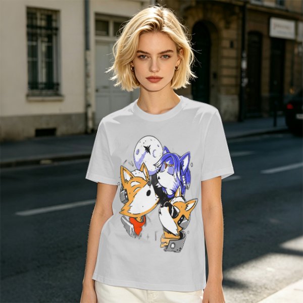 Olive T-shirt with Space Fox Crew Graphic Design