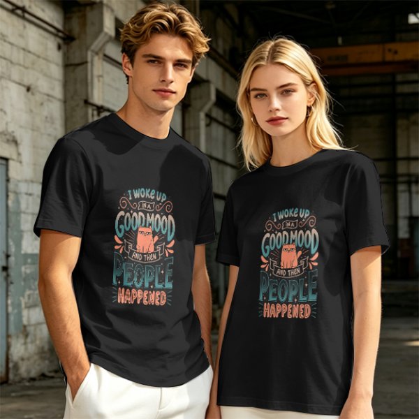 Olive t-shirt with 'I woke up in a good mood and then people happened' grumpy cat print