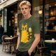 Olive Green T-Shirt With Cute Surprised Yellow Tabby Cat Graphic