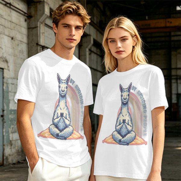 Olive T-Shirt With Meditating Llama Rainbow Graphic