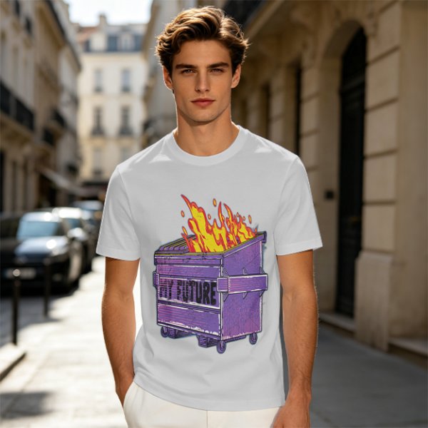 Olive T-Shirt With Burning Dumpster 'My Future' Graphic
