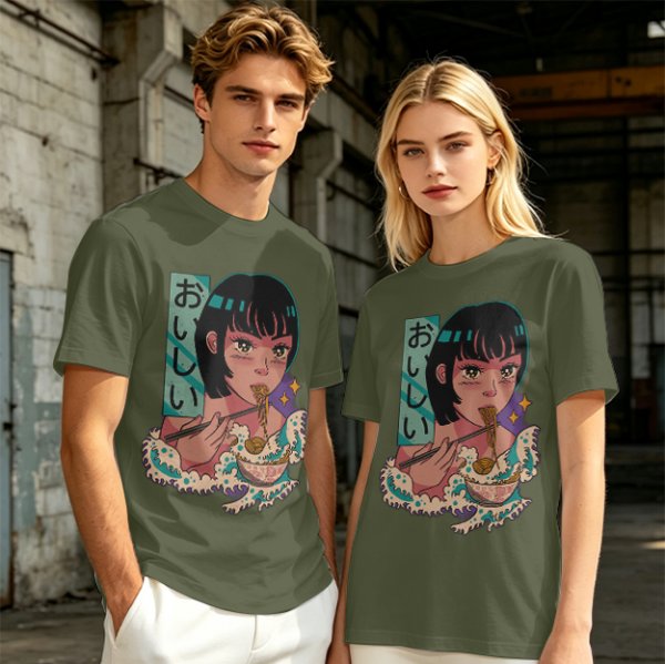 Olive anime graphic t-shirt with girl eating ramen and Japanese text