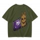 Olive T-shirt with a cartoon cat emerging from a purple chocolate wrapper print