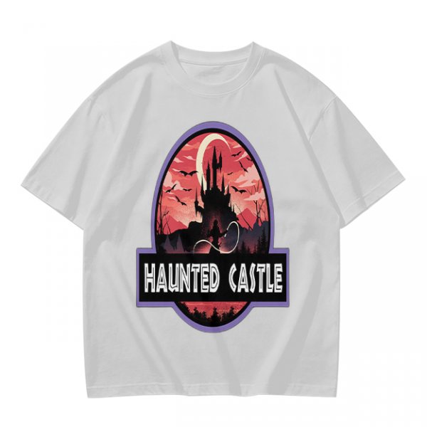 Olive T-Shirt with Haunted Castle Silhouette Graphic Design