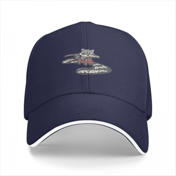 Black baseball cap with raccoon driving car and bad decisions print