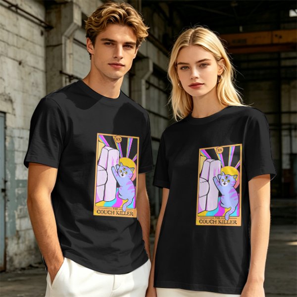 Olive green t-shirt with three-eyed cat couch killer tarot-style graphic