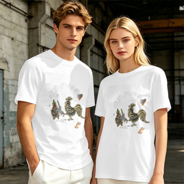 Olive Green T-Shirt With Knight Vs Rooster Fantasy Graphic Print