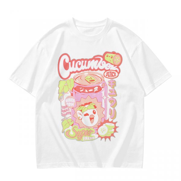 Olive green graphic t-shirt with cucumber juice themed print