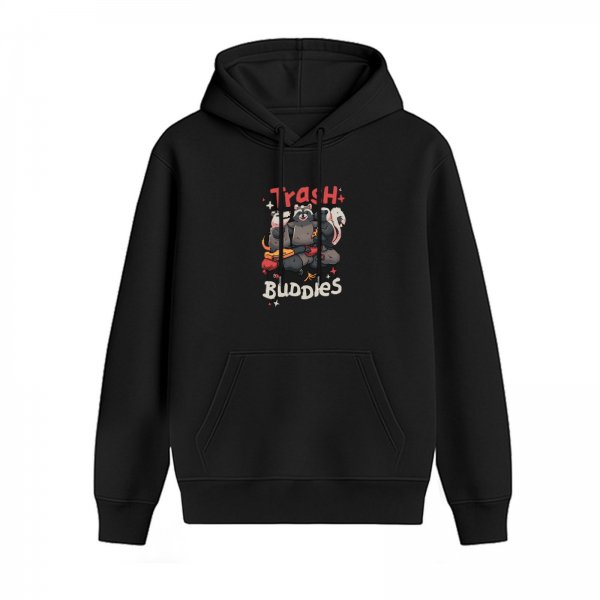 Black hoodie with Trash Buddies raccoon and skunk graphic print