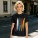 Olive Green T-Shirt With Vertical Colorful Brushstroke Figure Art