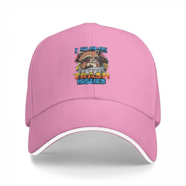 Black baseball cap with raccoon 'I Have Trash Issues' graphic