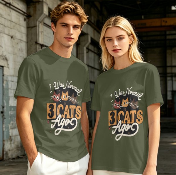 Olive Cat Lover T-Shirt With 'I Was Normal 3 Cats Ago' Print