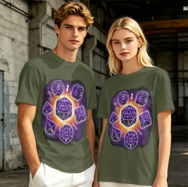 Olive T-Shirt With Glowing Dungeons & Dragons Dice Set Art